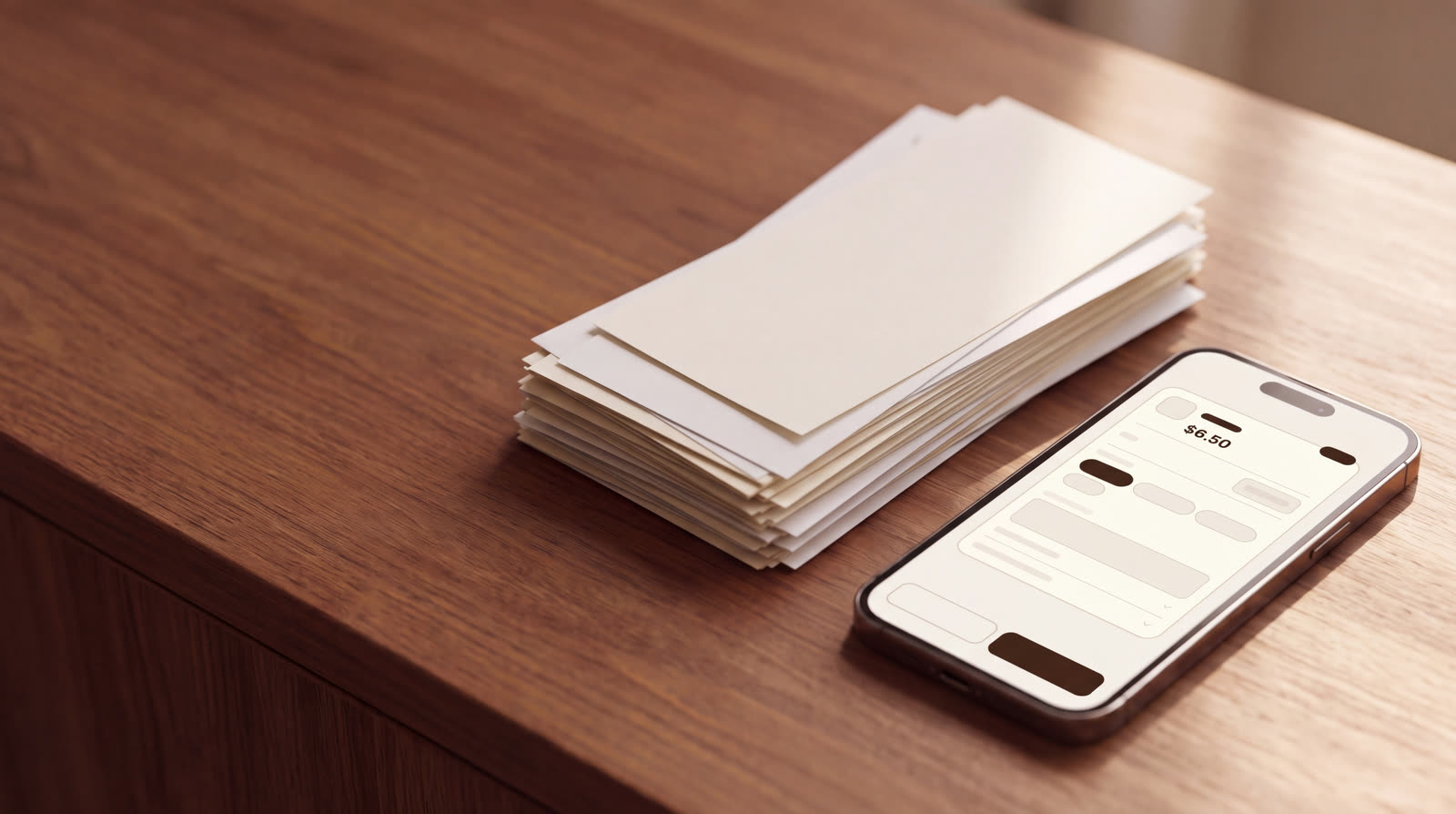 A tidy stack of paper receipts on a wooden desk next to an iPhone showing a list of logged entries
