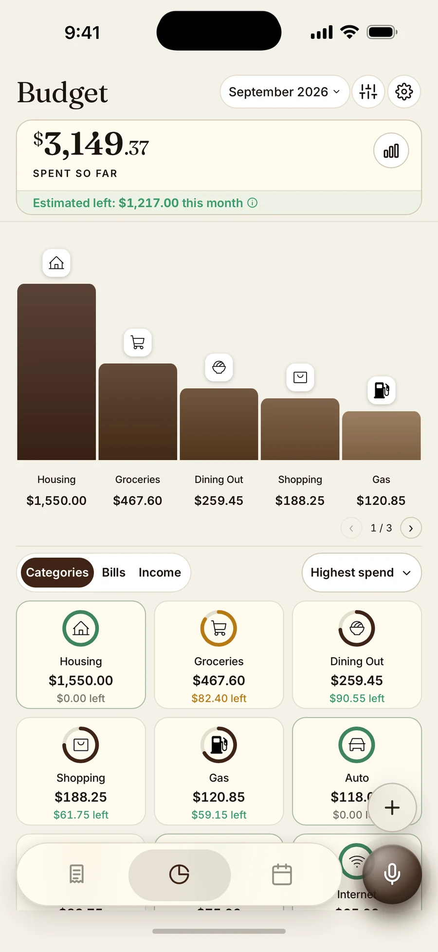 Chirp Budget with spending, a month-end estimate, and category limits