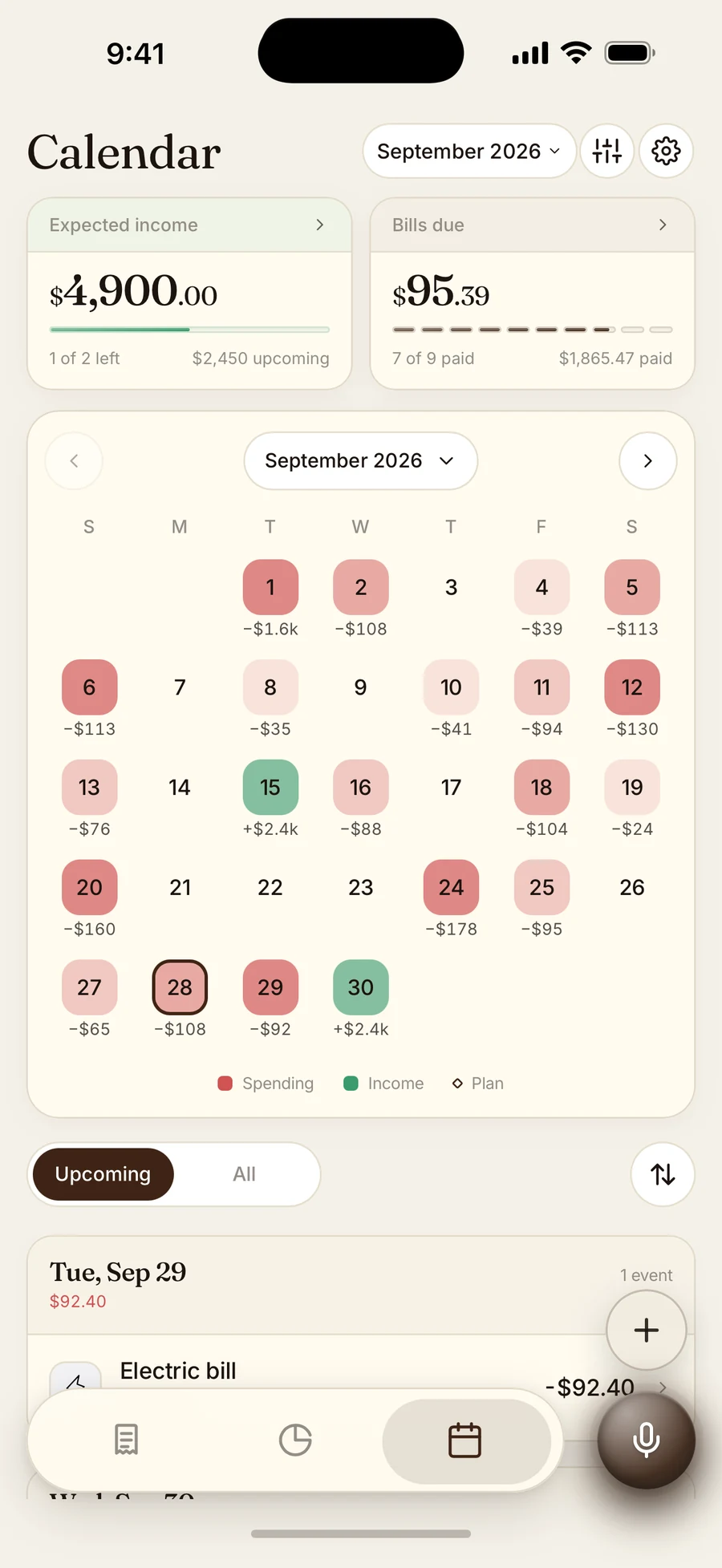Chirp Calendar with expected income, bills due, and upcoming entries