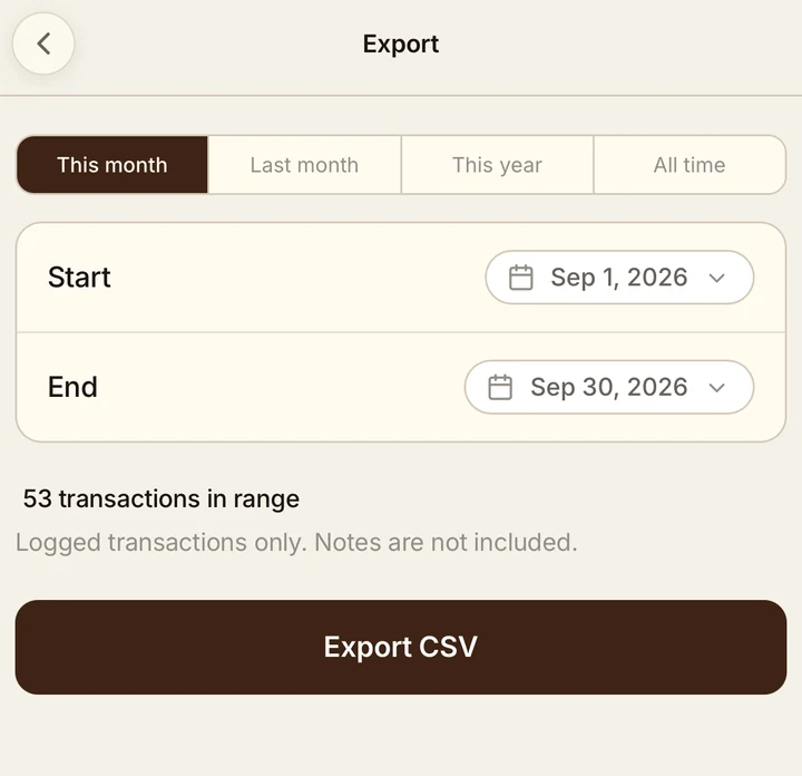 Current Chirp export with range presets, start and end dates, transaction count and Export CSV