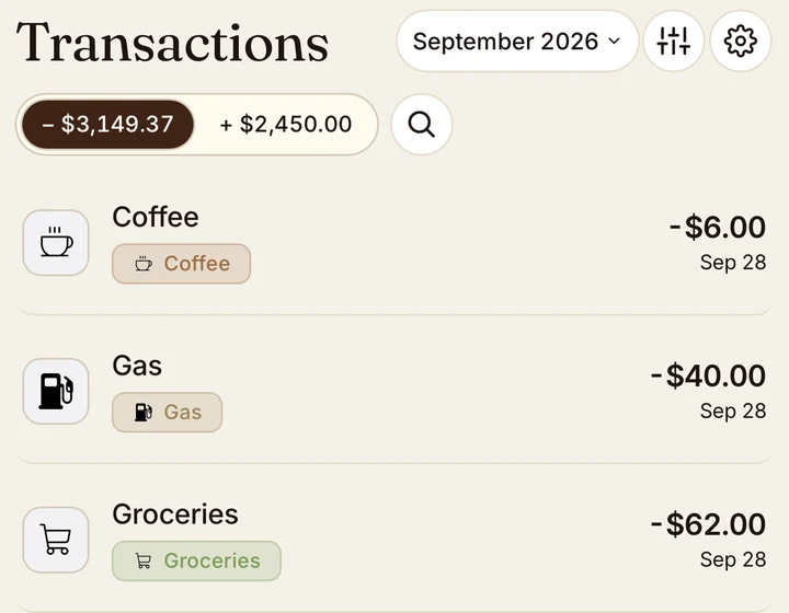 Current Chirp Transactions with spending and income filters, merchant logos, and September entries