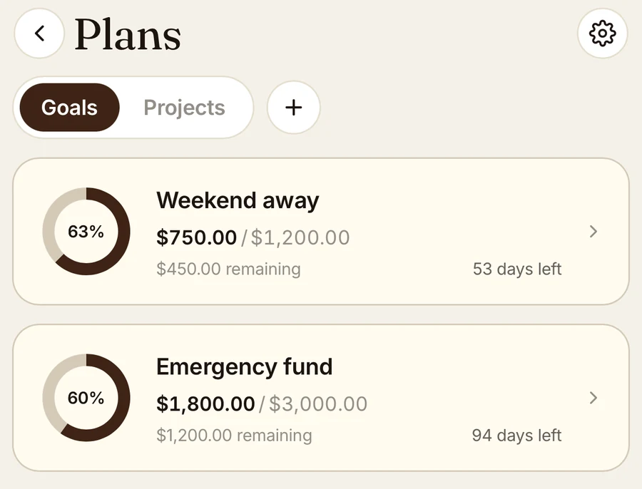 Chirp Plans with Goals and Projects tabs, progress rings, amounts remaining, and target dates