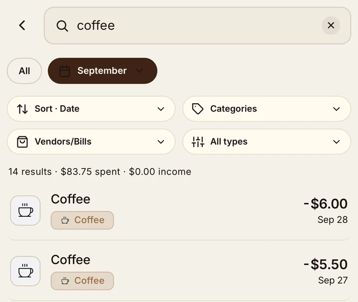 Current Chirp search for coffee, with date, category, vendor and type filters plus the matching total