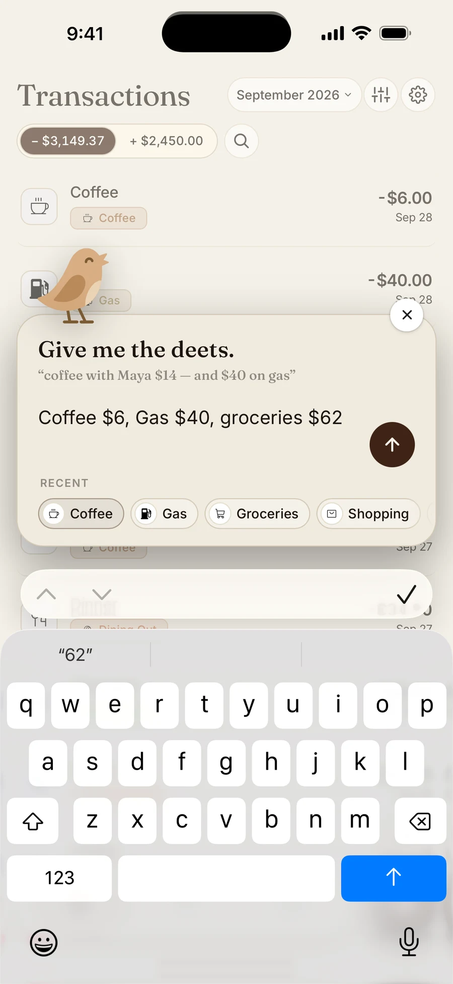 Chirp text entry with coffee, gas, and groceries in one sentence