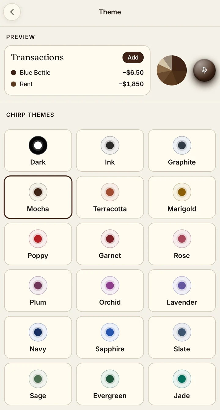 Current Chirp theme picker with light and dark modes and labeled palette previews